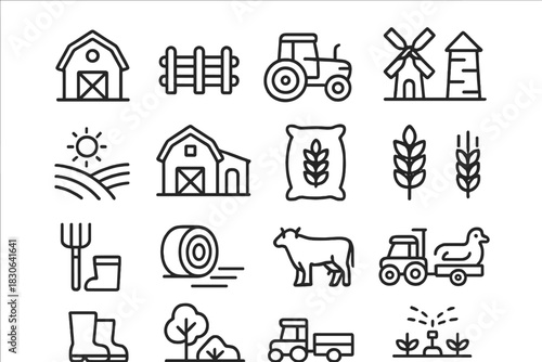 Essential farming and agriculture symbols featuring crops, livestock, and machinery
