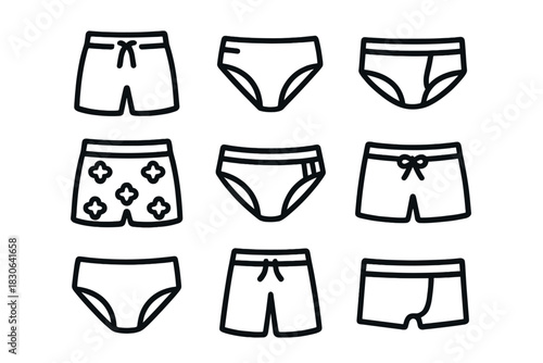 Outline collection of men's and women's underwear, briefs, boxers, and swim shorts