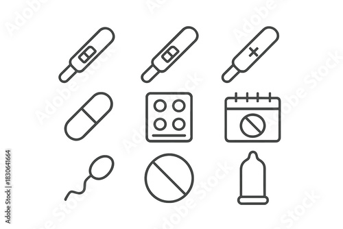 Reproductive health concepts including birth control, fertility tracking, and pregnancy testing