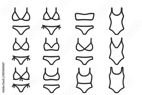 Various bikini and one-piece swimsuit outline icons for beach fashion