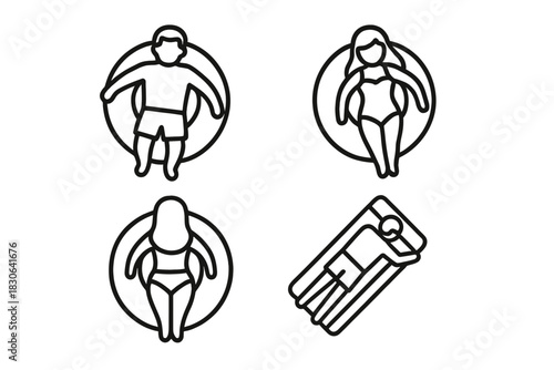 Diverse group of people floating on inflatable rings and air mattresses enjoying summer vacation