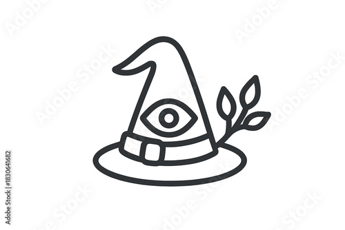 Mystical witch hat with all-seeing eye symbol and botanical elements