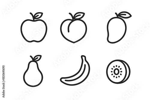 Set of simple line drawings depicting fresh fruits like peach mango pear banana and kiwi