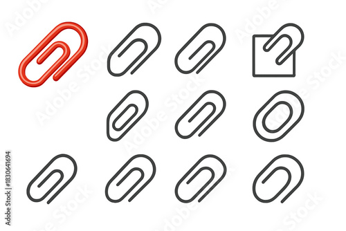 Set of paper clip icons and symbols in realistic and minimalist outline styles