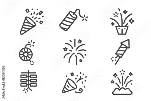 Festive pyrotechnics, exploding firecrackers, rockets, and party poppers linear icon set