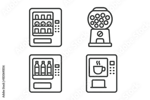 Set of automatic retail vending machines dispensing snacks, drinks, coffee, and candy