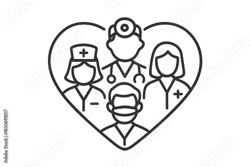 Medical team staff group inside a heart shape symbolizing essential healthcare support and appreciation