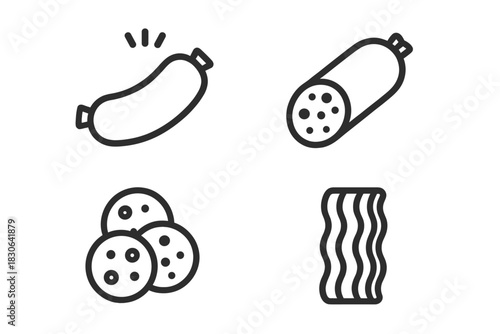 Simple line icons of processed meat products including sausage, salami, and bacon