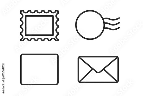 Outline icons set of postal service elements including stamp, postmark, and envelope