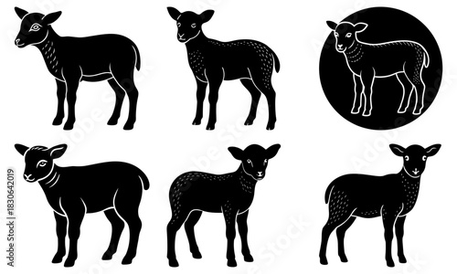 Cute lamb silhouettes in various poses, perfect for farm-themed designs or springtime graphics; originally created as scalable vector art