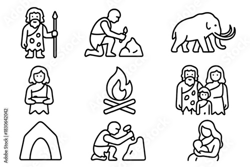 Prehistoric human life and Stone Age civilization elements featuring cave dwellers, mammoth, and fire