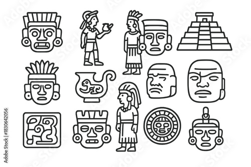 Ancient Mesoamerican icons set featuring Mayan masks, Aztec figures, and pyramid symbols