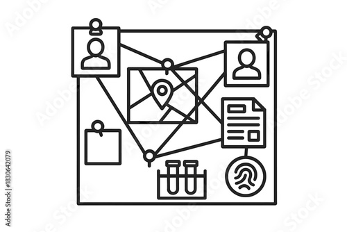 Police detective board linking suspects, map location, documents, and forensic evidence