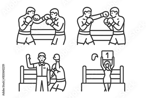 Professional boxing match featuring athletes fighting in the ring and staff members