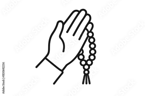 Minimalist outline of a hand raised in prayer holding religious rosary beads
