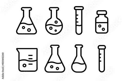 Outline icons depicting various laboratory glassware and chemical containers