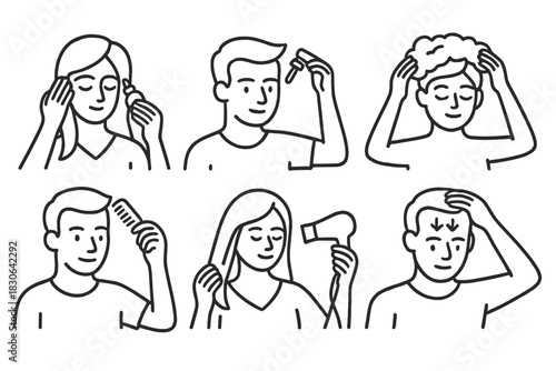 People performing various hair care and hygiene routines including washing, combing, and drying hair