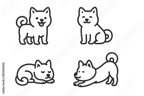 Cute Shiba Inu dog line art icons set showing different poses and emotions