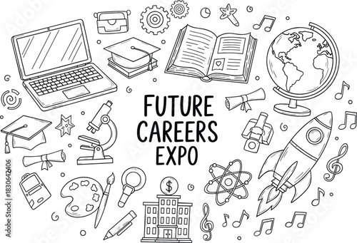 Playful Future Careers Banner, Education, Tech & Science Doodles, Hand-Drawn Sketch, White Background