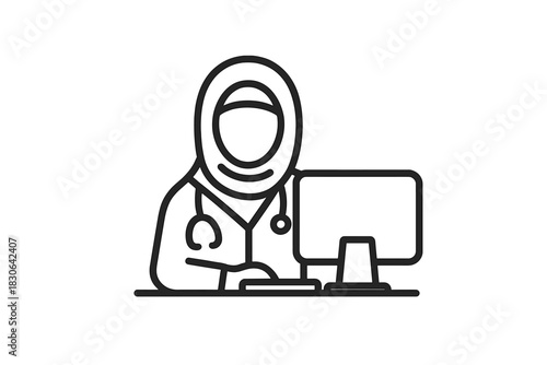 Professional Muslim physician wearing a hijab and stethoscope while typing on a desktop computer keyboard