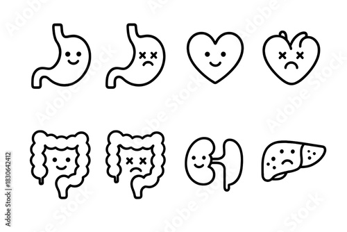 Outline icons of human organs showing wellness and disease states with cute cartoon faces