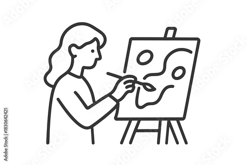 Minimalist black and white graphic showing an artist actively painting on a canvas easel