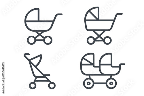 Set of outline icons depicting various baby strollers and prams