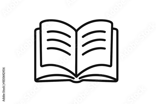 Minimalist black and white open book showing curved lines representing text on both pages