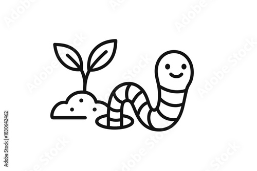 Cheerful earthworm icon emerging from the ground next to a small growing plant in soil