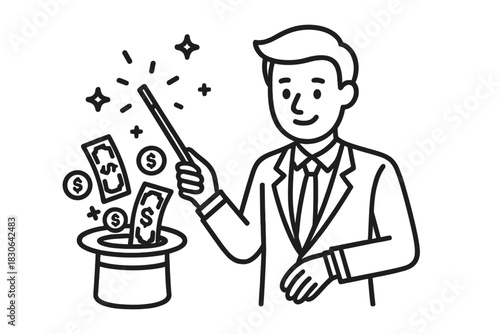 Smiling man in a suit performing a financial magic trick with a wand and cash from a top hat