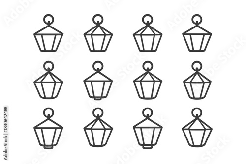 Variety of simple outline symbols representing different styles of hanging lanterns and outdoor lamps