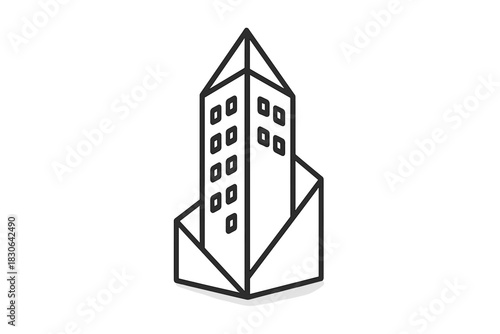 Modern skyscraper building rising from an open envelope structure symbolizing real estate communication and urban development