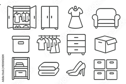 Minimalist line design elements featuring furniture, apparel, storage containers, and household organization