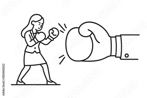 Determined businesswoman preparing to punch a huge boxing glove symbolizing corporate struggle