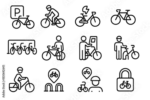 Set of outline icons for urban cycling, bike sharing, parking, rental, and electric transport