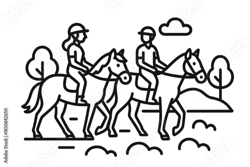 Leisurely horseback riding activity with two riders in a natural outdoor landscape