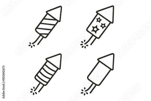 Set of four minimalist outline icons depicting celebratory firework rockets with lit fuses