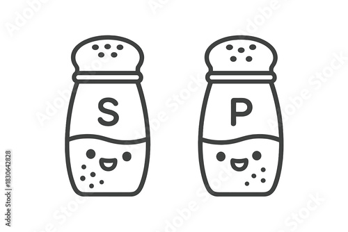 Cute cartoon salt and pepper shakers with smiling kawaii faces for seasoning food