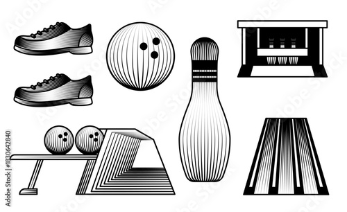 Hand drawn vector illustration set bowling alley items pins ball shoes and lane perspective in vintage engraving style black and white etching