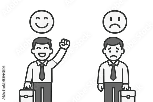 Comparison of successful and unsuccessful businessmen showing contrasting emotions