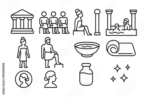 Outline icons set depicting historical Roman bath and ancient spa wellness culture