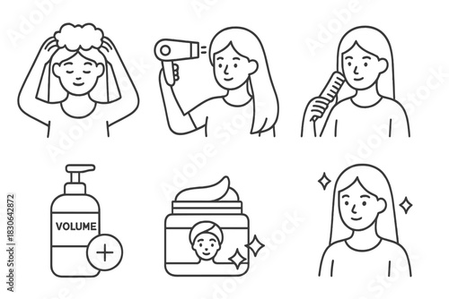 Daily hair care routine steps including washing, drying, combing, and treatment products for healthy hair