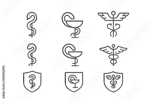 Classic medical symbols set featuring Rod of Asclepius, Bowl of Hygieia, and Caduceus