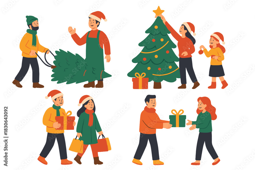 Fototapeta premium Diverse people preparing for Christmas holidays decorating tree and carrying gifts