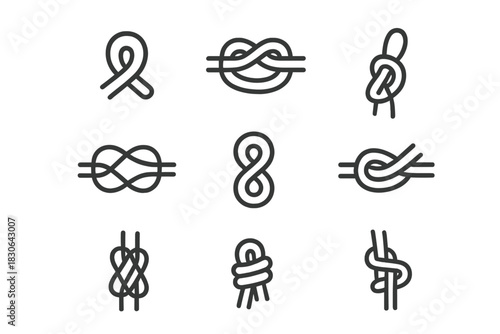 Set of nine different rope knots and tying techniques represented by simple black line icons
