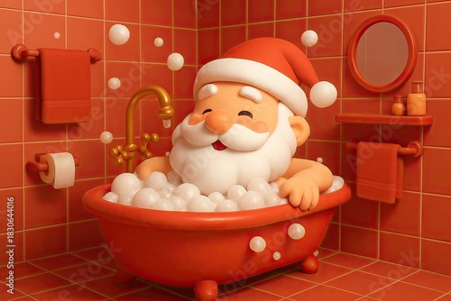 Happy Santa Claus Talking a Bubble Bath