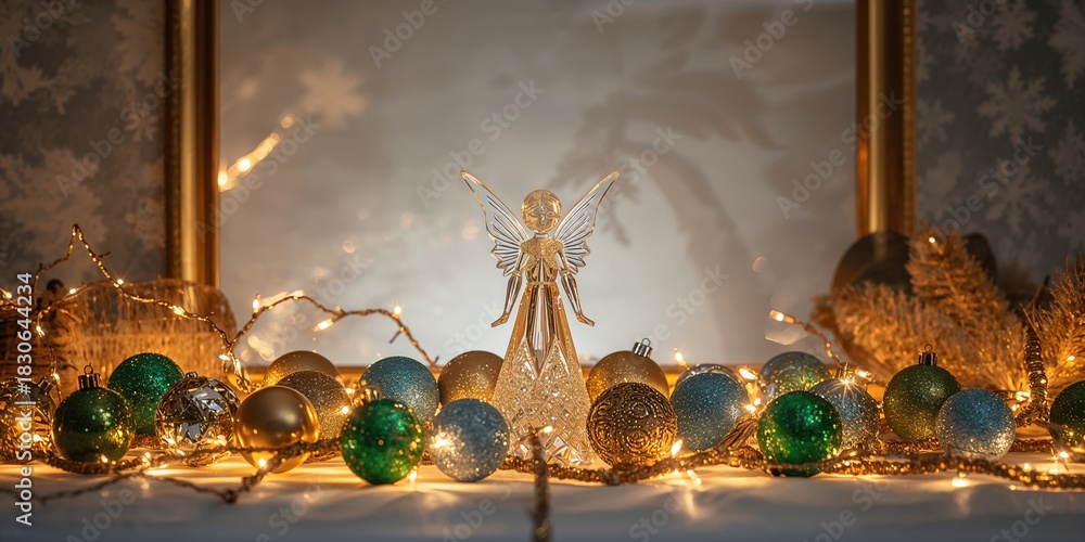 Fototapeta premium Crystal angel figure set against Christmas balls, ideal for holiday background design