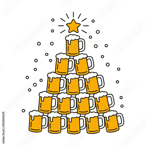 Beer Mug Christmas Tree with Star and Snow Holiday Illustration