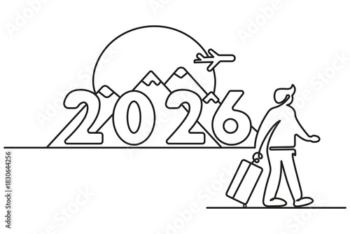 New year 2026 travel concept continuous one line drawing with walking man luggage airplane and mountain landscape outline vector illustration.