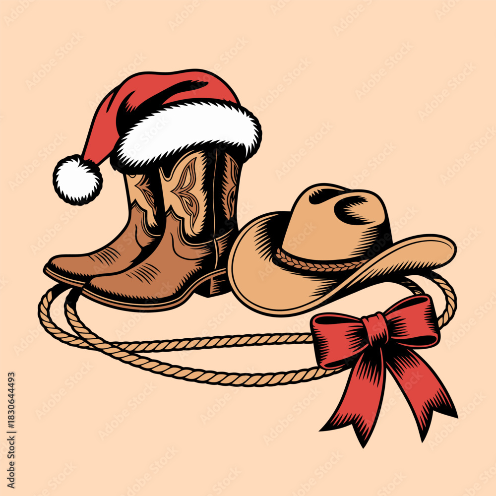 Fototapeta premium Christmas Cowboy Boots and Hat with Festive Holiday Ribbon Illustration